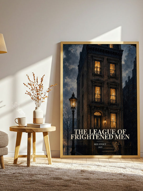 The League of Frightened Men watercolour print in frame leaning in hallway – mystery wall art