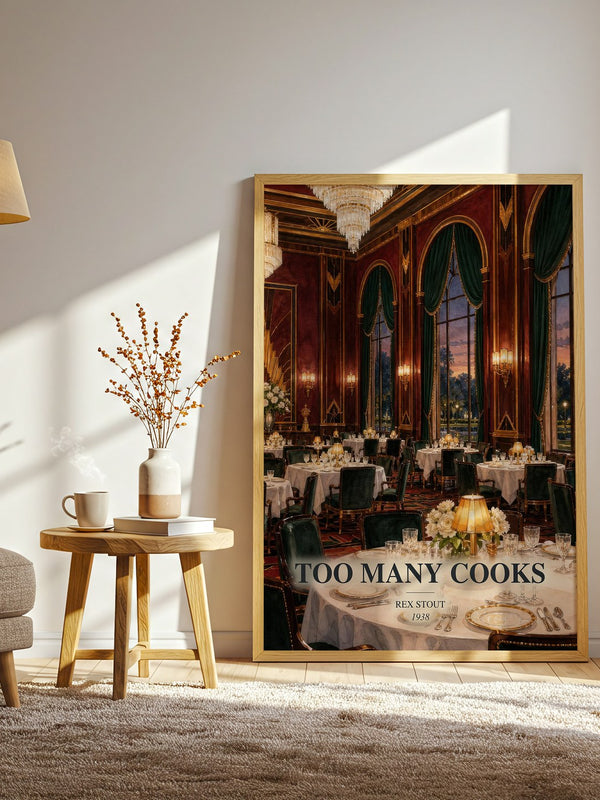 Too Many Cooks watercolour print in frame leaning in hallway – mystery wall art