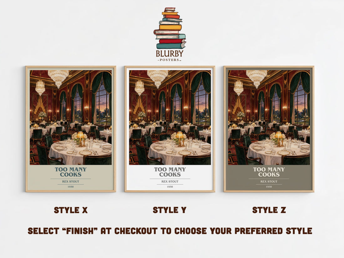 Too Many Cooks book cover print in frame leaning in hallway – mystery wall art (mockup)