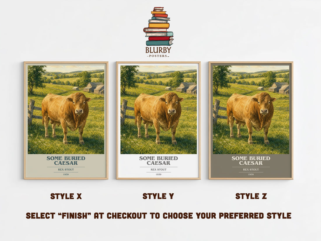 Some Buried Caesar book cover print in frame leaning in hallway – mystery wall art (mockup)