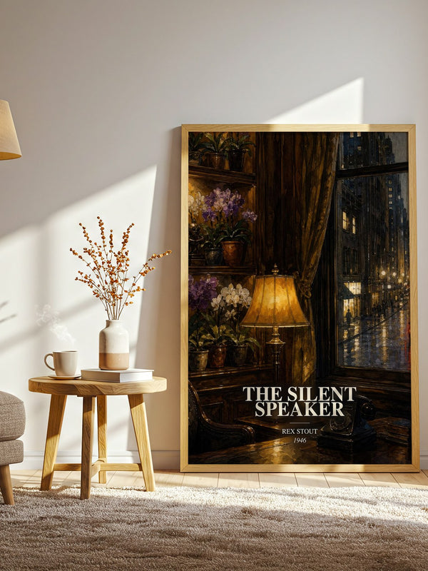 The Silent Speaker watercolour print in frame leaning in hallway – mystery wall art