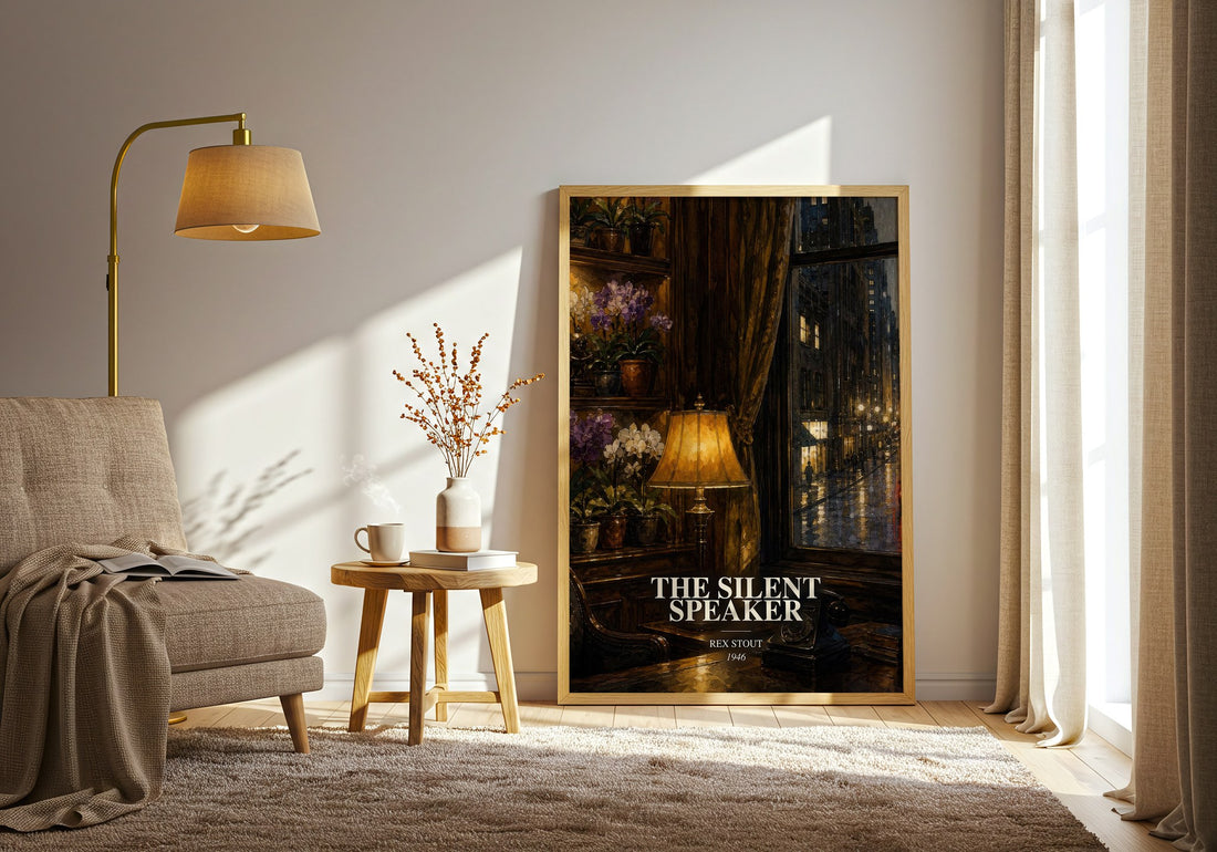 The Silent Speaker watercolour print in frame leaning in hallway – mystery wall art (mockup)