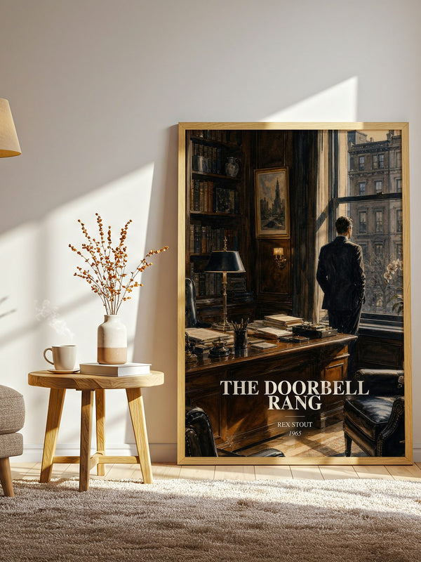 The Doorbell Rang watercolour print in frame leaning in hallway – mystery wall art