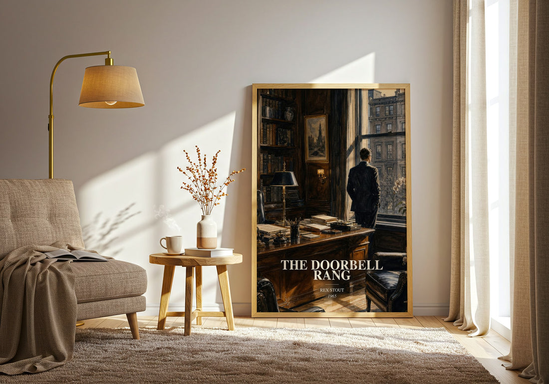The Doorbell Rang watercolour print in frame leaning in hallway – mystery wall art (mockup)