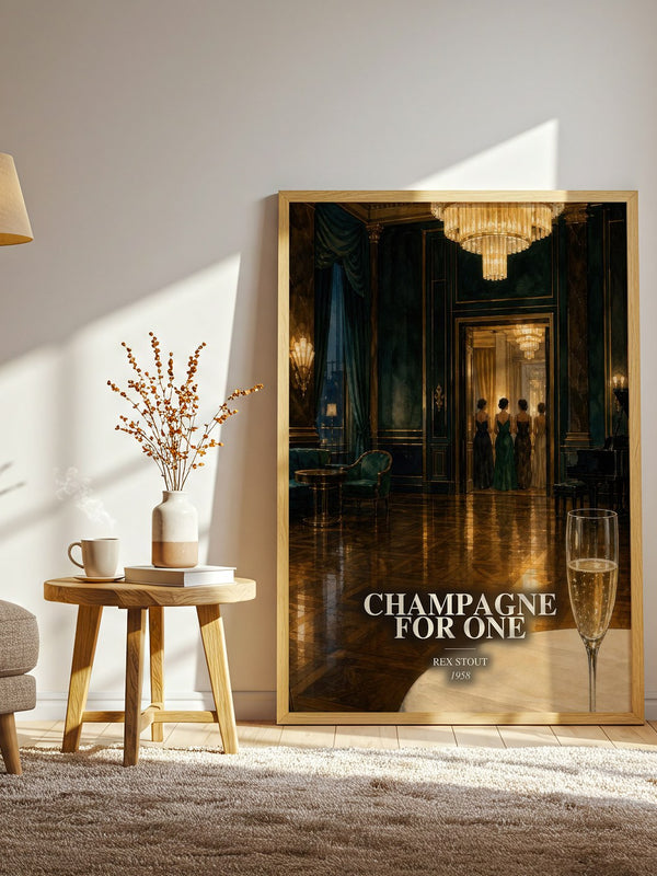 Champagne for One watercolour print in frame leaning in hallway – mystery wall art