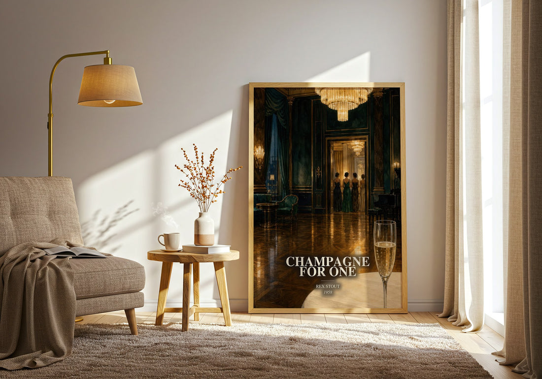 Champagne for One watercolour print in frame leaning in hallway – mystery wall art (mockup)
