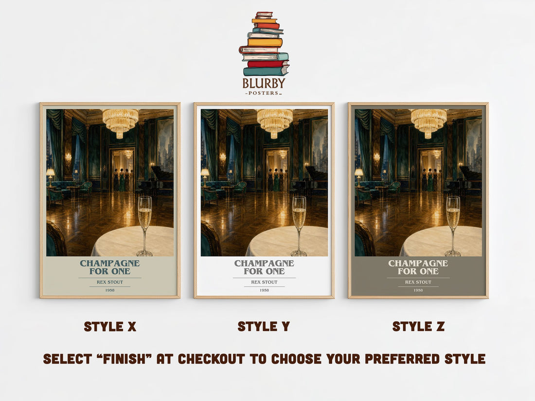 Champagne for One book cover print in frame leaning in hallway – mystery wall art (mockup)