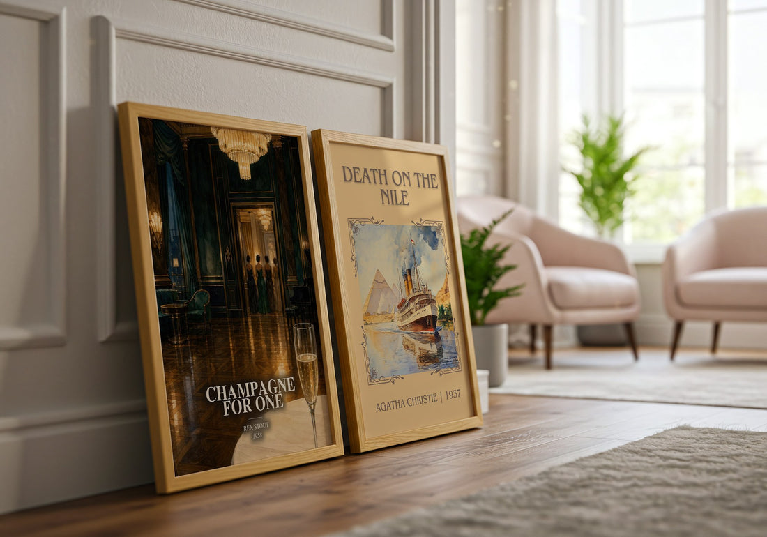 Champagne for One watercolour print framed by window – literary home decor