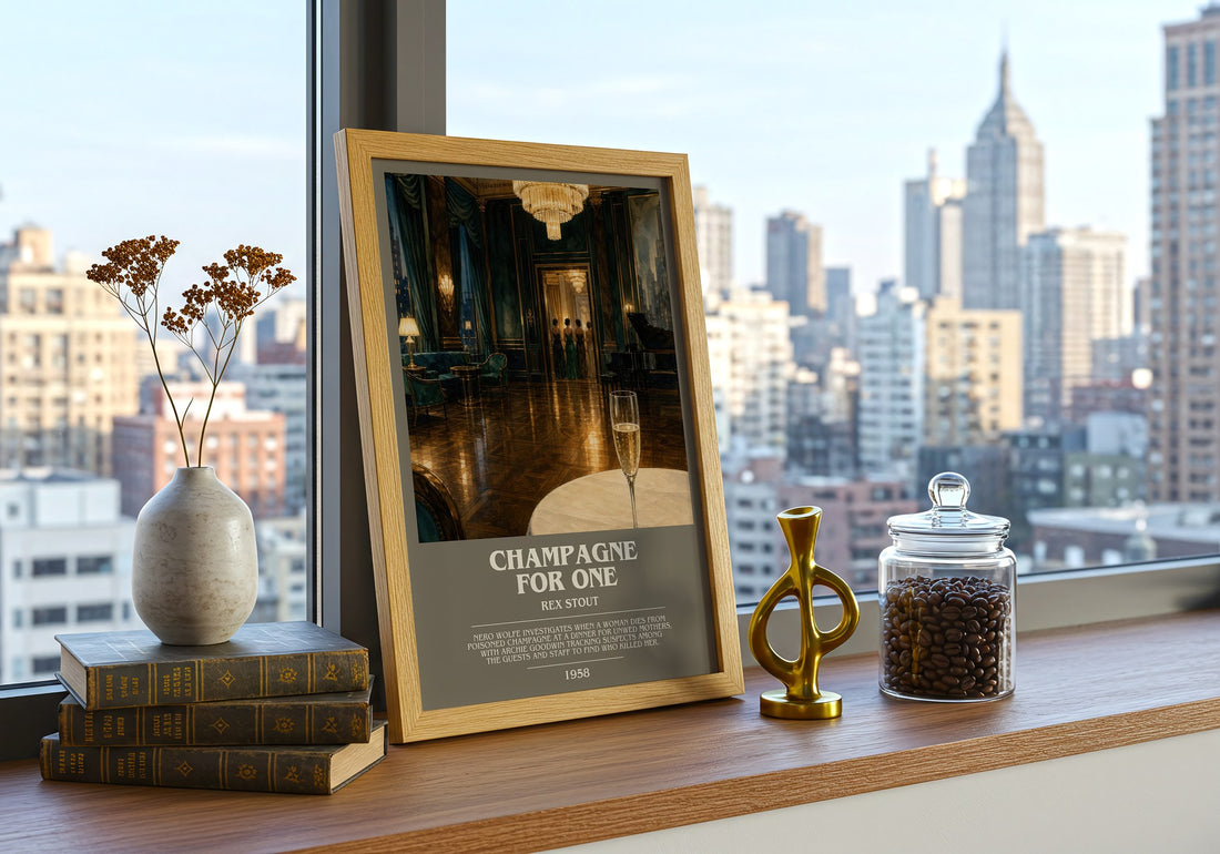 Champagne for One bookish print framed by window – literary home decor