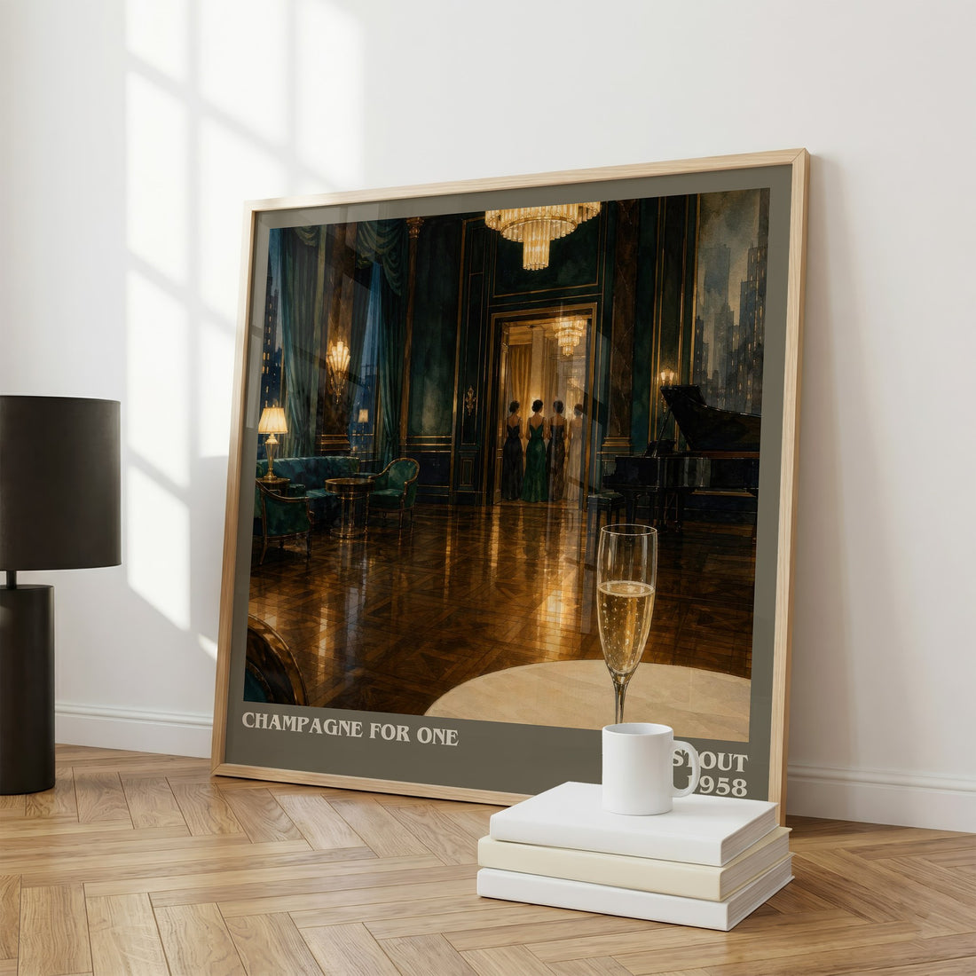 Champagne for One literary print framed by window – literary home decor