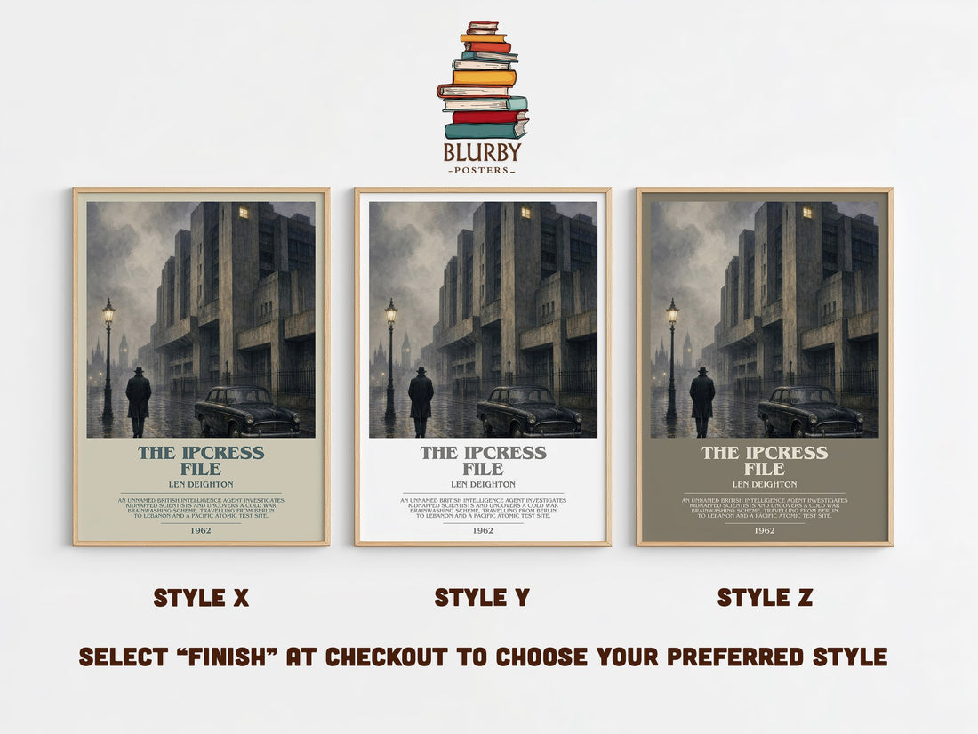 The Ipcress File bookish print in frame leaning in hallway – thriller wall art (mockup)