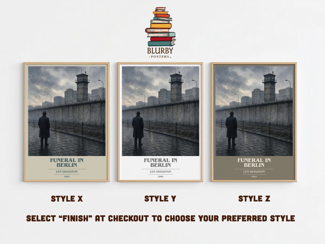 Funeral in Berlin book cover print in frame leaning in hallway – thriller wall art (mockup)
