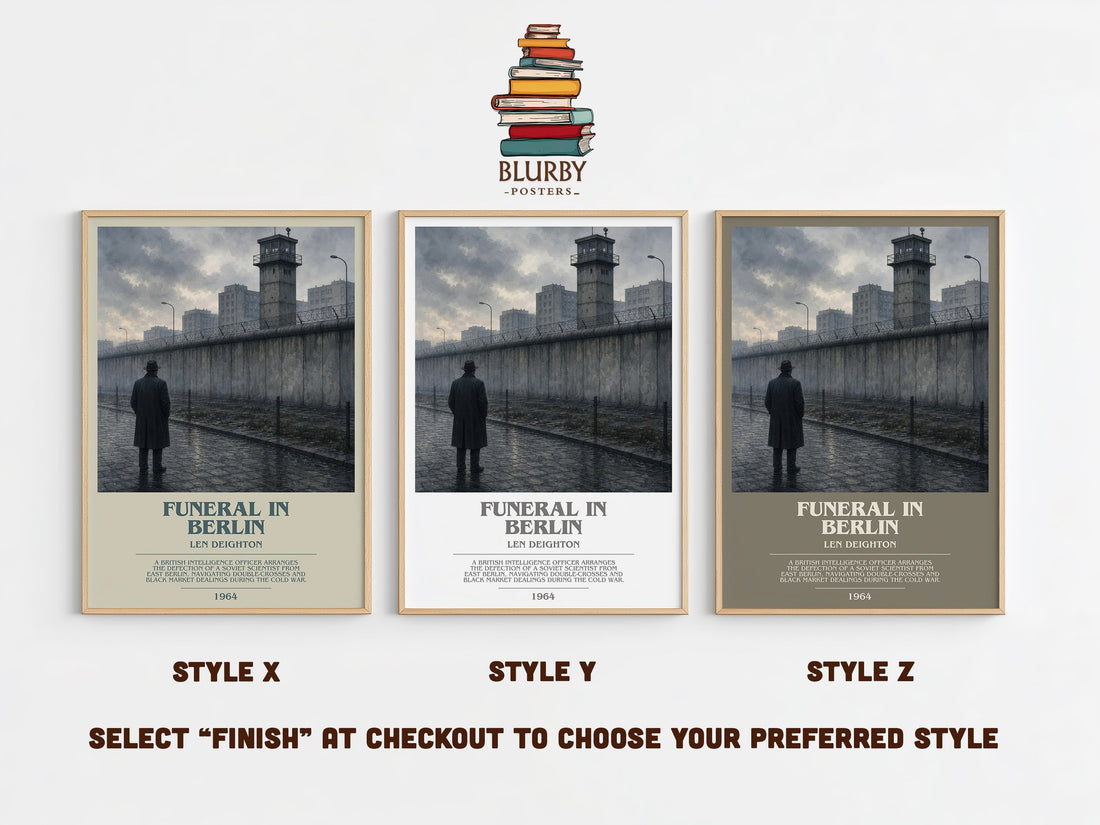 Funeral in Berlin bookish print in frame leaning in hallway – thriller wall art (mockup)