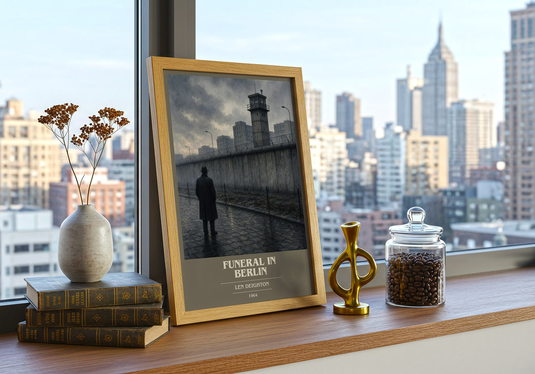 Funeral in Berlin book cover print framed by window – literary home decor