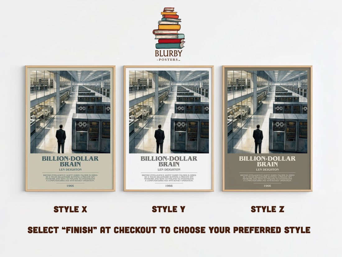 Billion-Dollar Brain bookish print in frame leaning in hallway – thriller wall art (mockup)