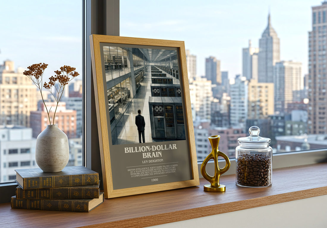 Billion-Dollar Brain bookish print framed by window – literary home decor