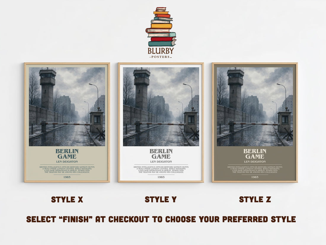 Berlin Game bookish print in frame leaning in hallway – thriller wall art (mockup)