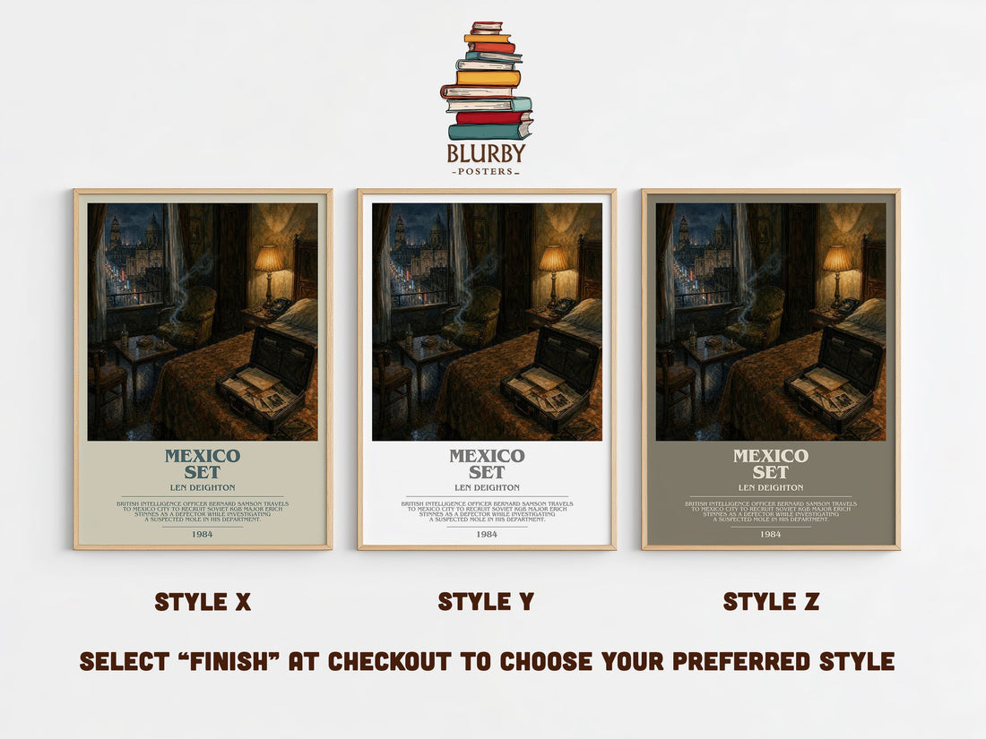 Mexico Set bookish print in frame leaning in hallway – thriller wall art (mockup)