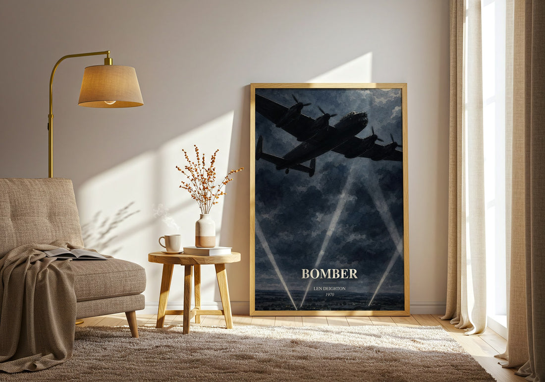 Bomber watercolour print in frame leaning in hallway – historical fiction wall art (mockup)