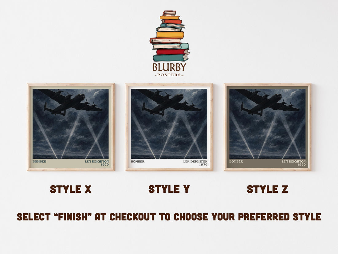 Bomber literary print in frame leaning in hallway – historical fiction wall art (mockup)