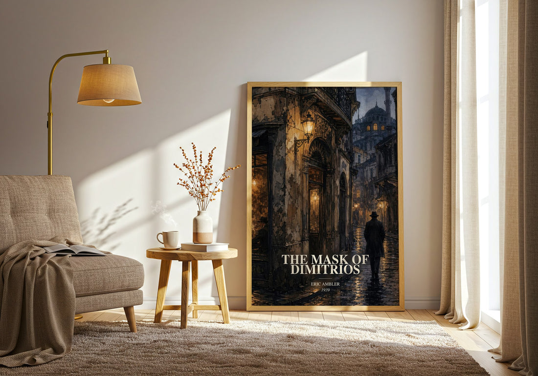 The Mask of Dimitrios watercolour print in frame leaning in hallway – thriller wall art (mockup)