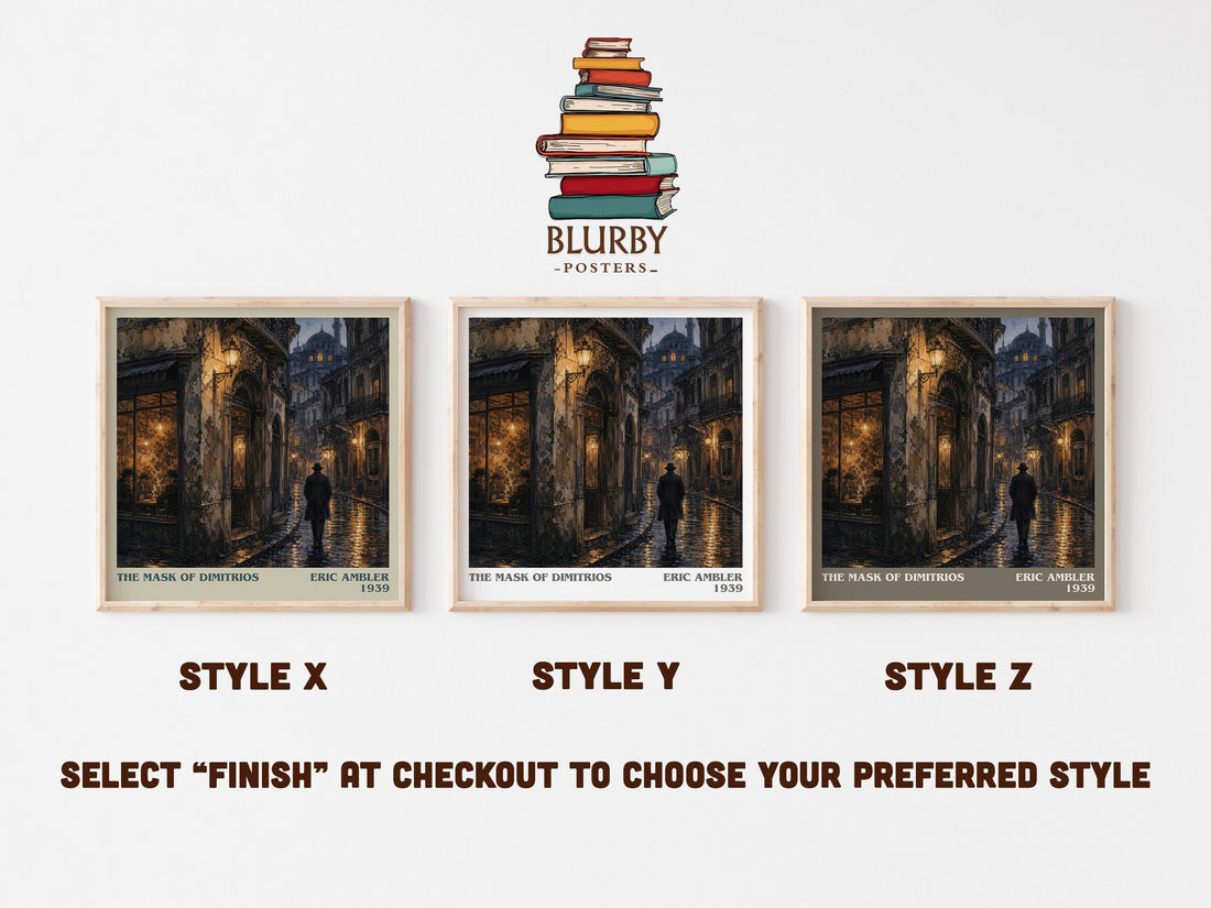 The Mask of Dimitrios literary print in frame leaning in hallway – thriller wall art (mockup)