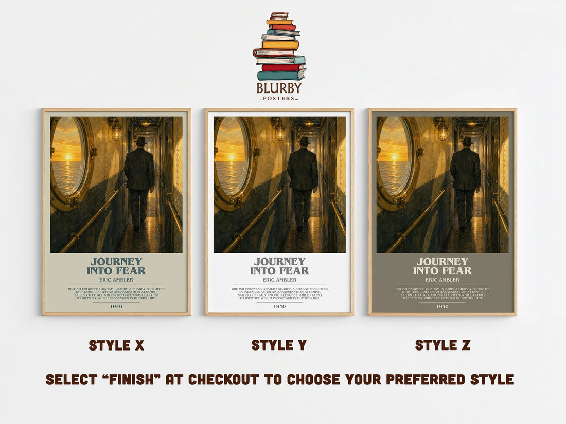 Journey into Fear bookish print in frame leaning in hallway – thriller wall art (mockup)