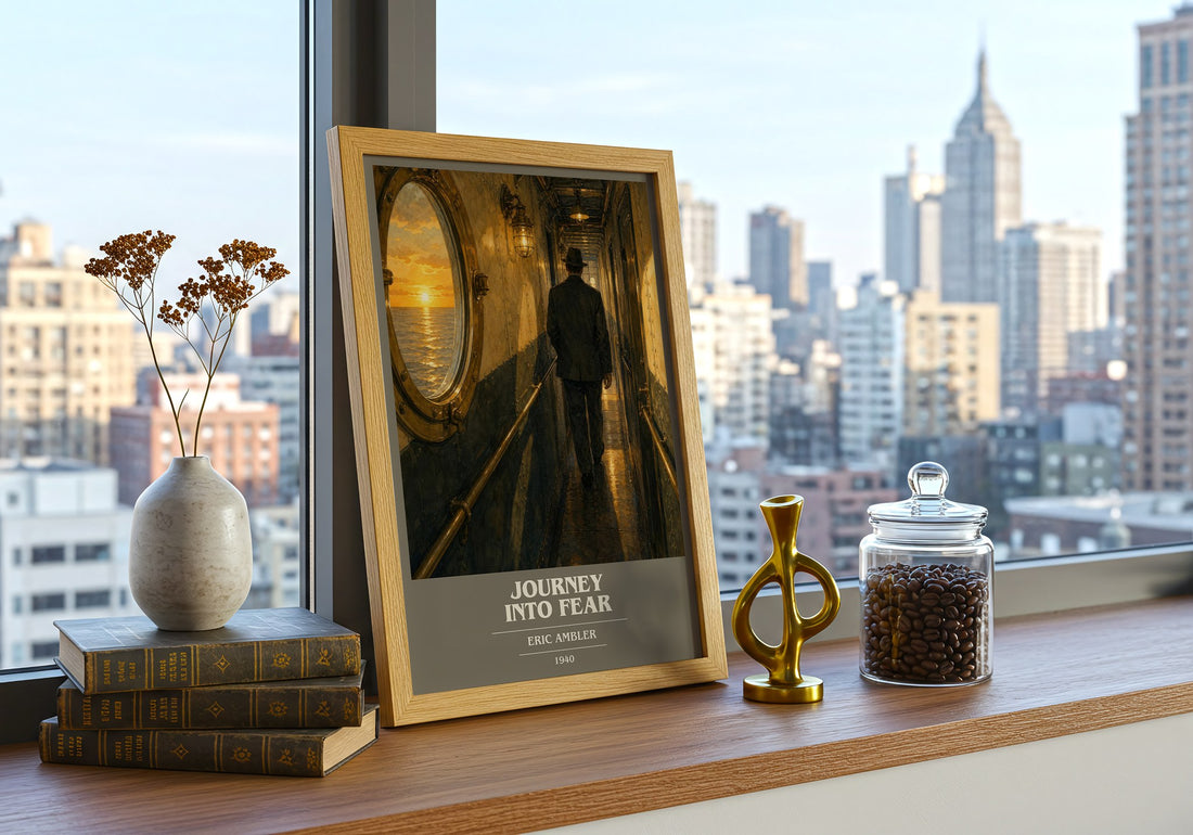 Journey into Fear book cover print framed by window – literary home decor