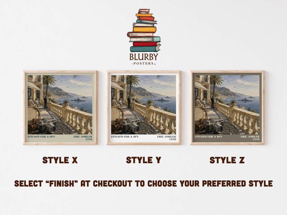 Epitaph for a Spy literary print in frame leaning in hallway – thriller wall art (mockup)