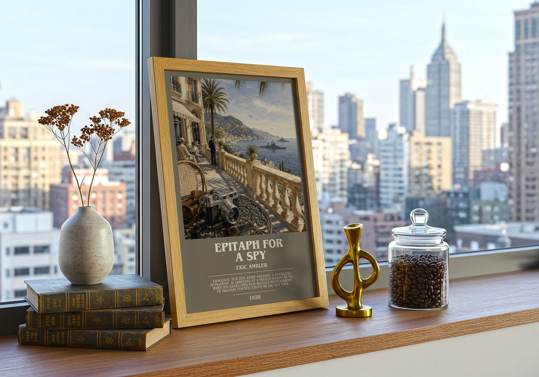 Epitaph for a Spy bookish print framed by window – literary home decor