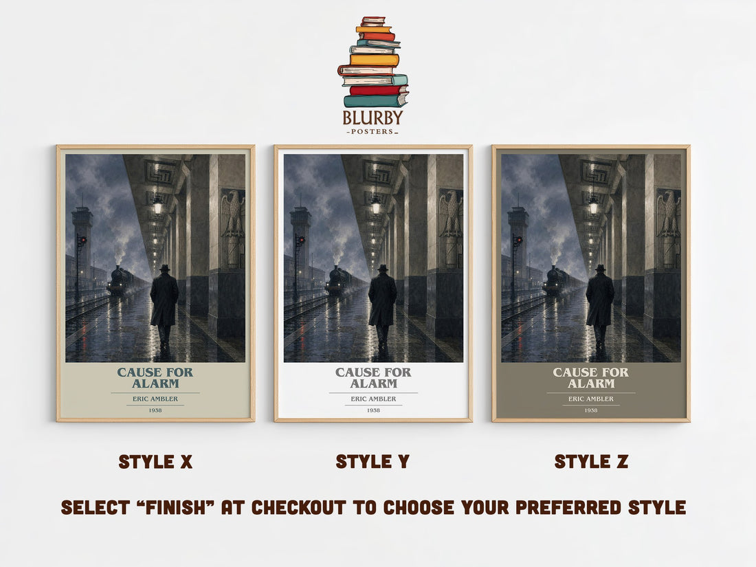 Cause for Alarm book cover print in frame leaning in hallway – thriller wall art (mockup)
