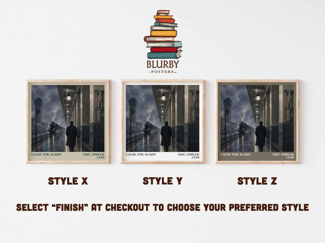 Cause for Alarm literary print in frame leaning in hallway – thriller wall art (mockup)