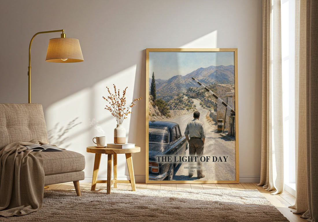 The Light of Day watercolour print in frame leaning in hallway – thriller wall art (mockup)