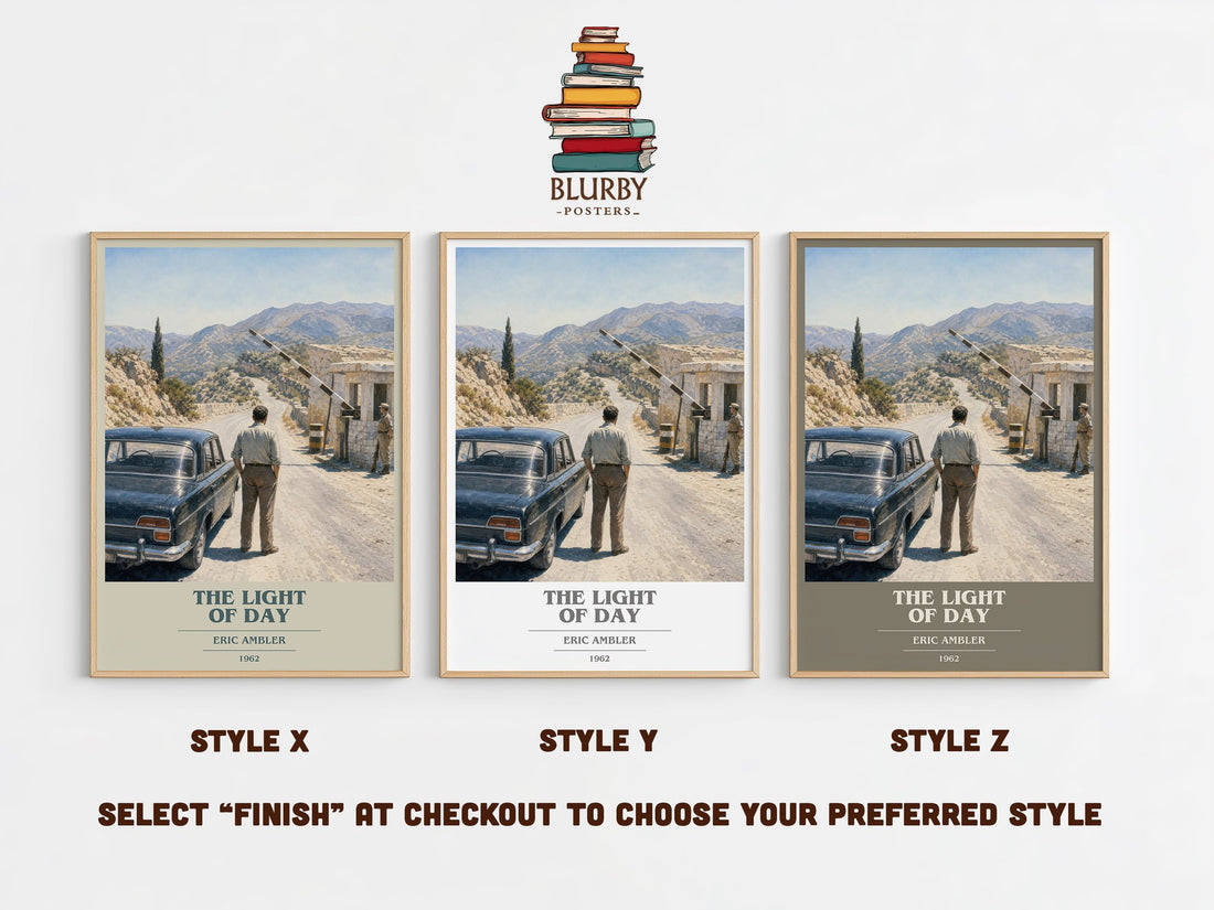 The Light of Day book cover print in frame leaning in hallway – thriller wall art (mockup)