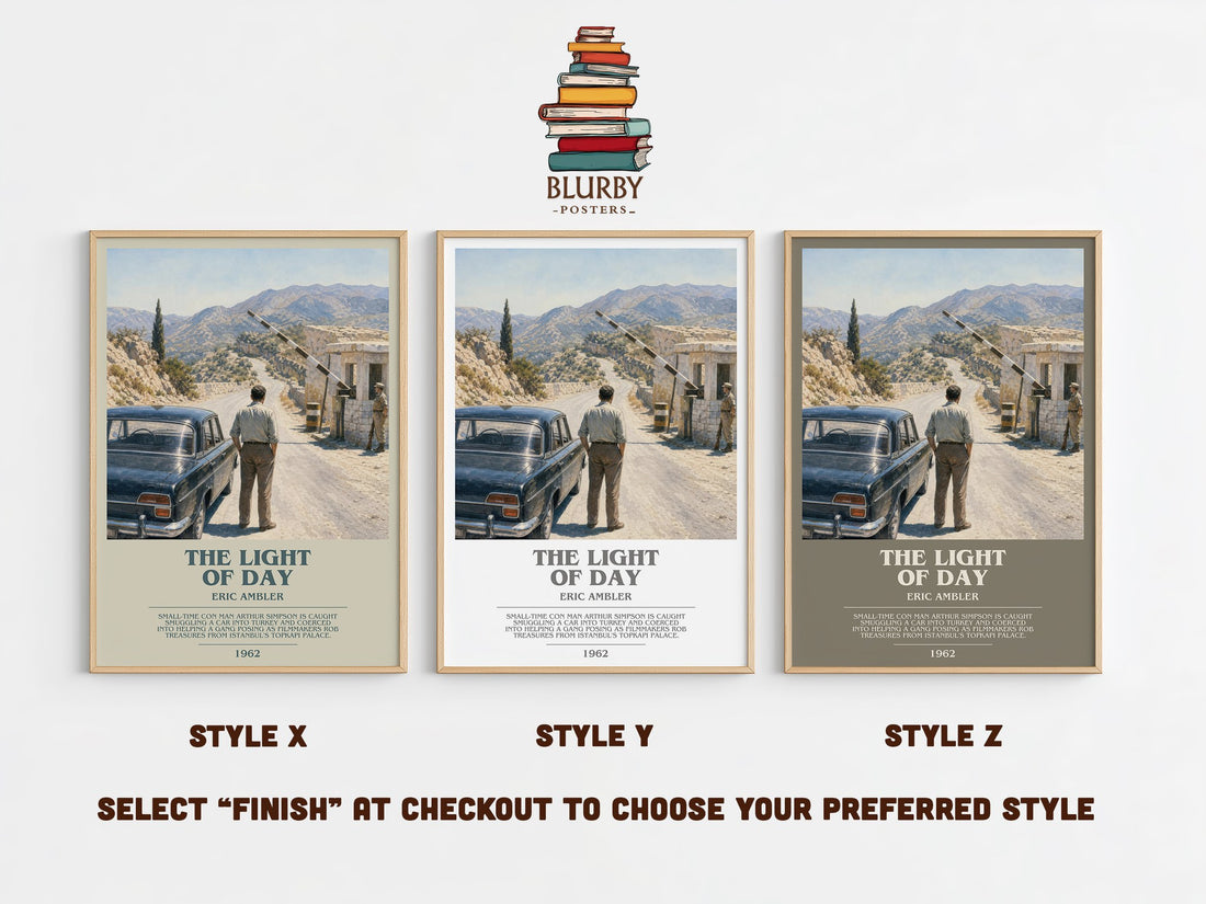 The Light of Day bookish print in frame leaning in hallway – thriller wall art (mockup)