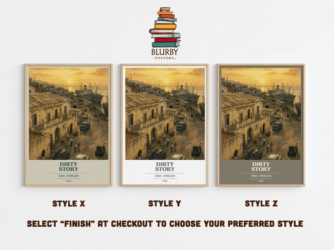 Dirty Story book cover print in frame leaning in hallway – thriller wall art (mockup)