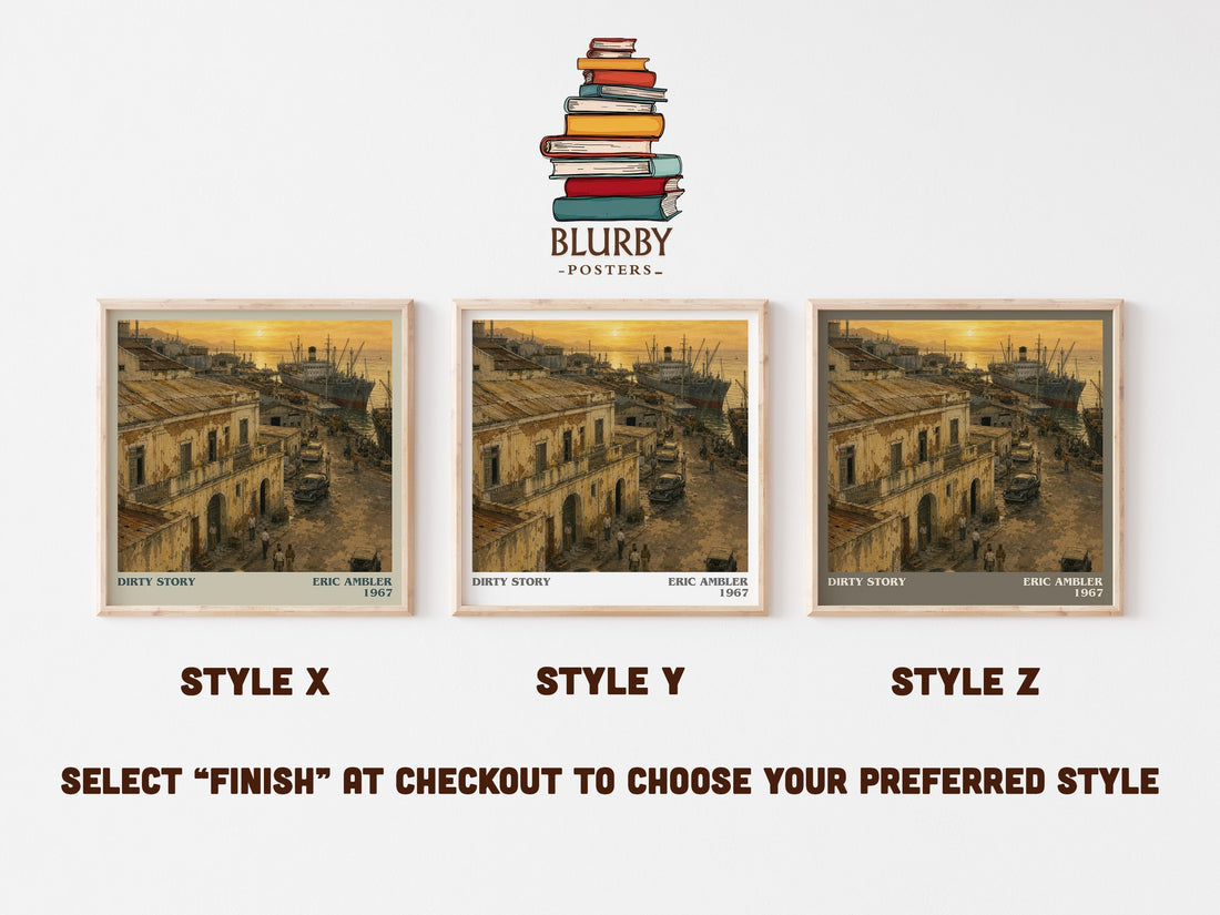 Dirty Story literary print in frame leaning in hallway – thriller wall art (mockup)