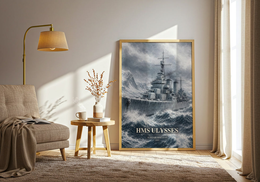 HMS Ulysses watercolour print in frame leaning in hallway – adventure wall art (mockup)