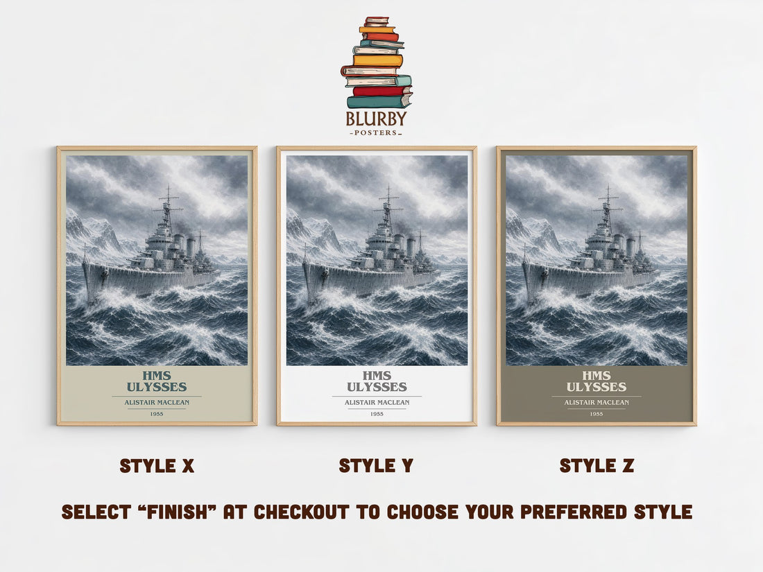 HMS Ulysses book cover print in frame leaning in hallway – adventure wall art (mockup)