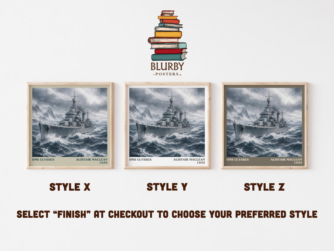 HMS Ulysses literary print in frame leaning in hallway – adventure wall art (mockup)