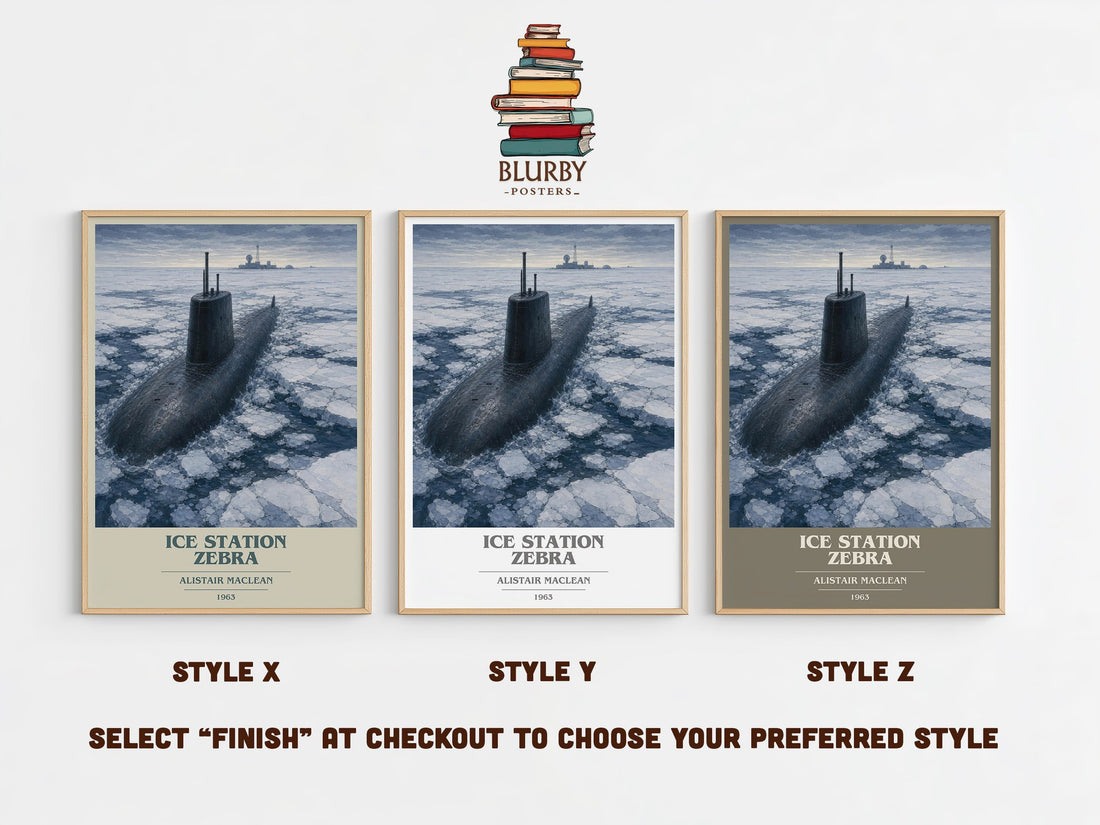 Ice Station Zebra book cover print in frame leaning in hallway – thriller wall art (mockup)