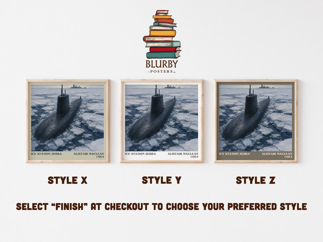 Ice Station Zebra literary print in frame leaning in hallway – thriller wall art (mockup)
