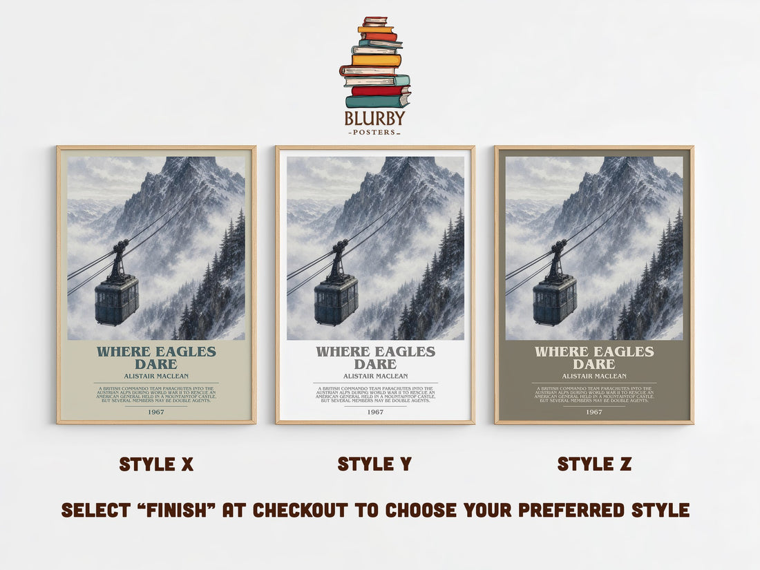 Where Eagles Dare bookish print in frame leaning in hallway – thriller wall art (mockup)