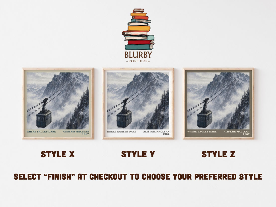 Where Eagles Dare literary print in frame leaning in hallway – thriller wall art (mockup)