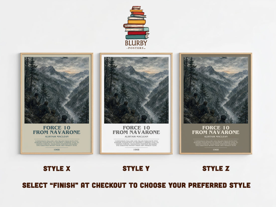 Force 10 from Navarone bookish print in frame leaning in hallway – adventure wall art (mockup)