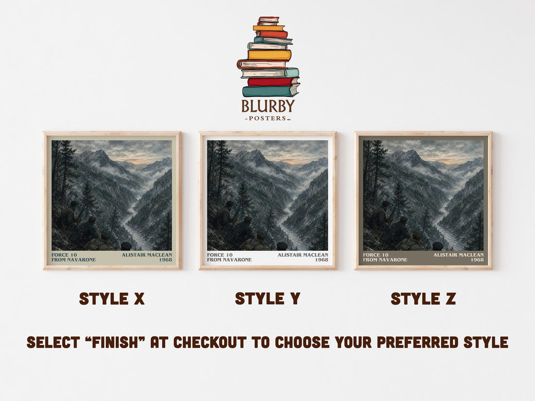 Force 10 from Navarone literary print in frame leaning in hallway – adventure wall art (mockup)