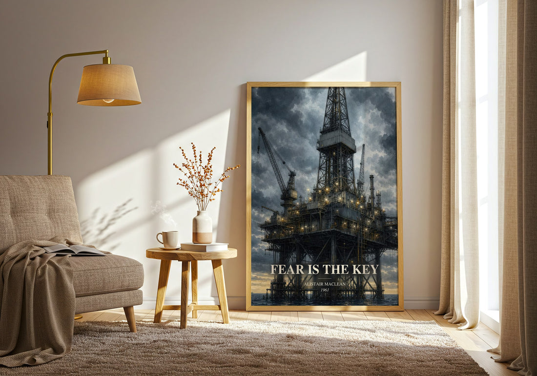 Fear Is the Key watercolour print in frame leaning in hallway – thriller wall art (mockup)