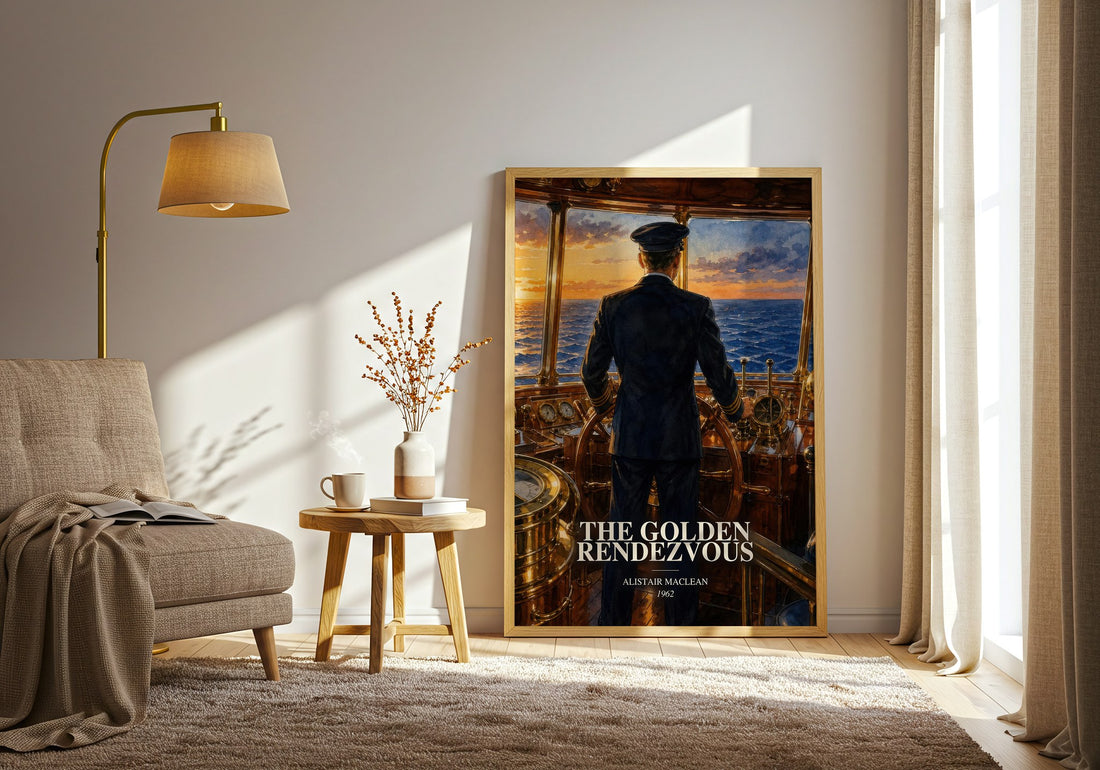 The Golden Rendezvous watercolour print in frame leaning in hallway – thriller wall art (mockup)