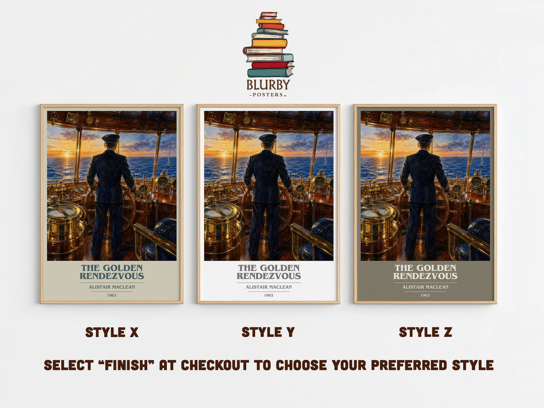 The Golden Rendezvous book cover print in frame leaning in hallway – thriller wall art (mockup)