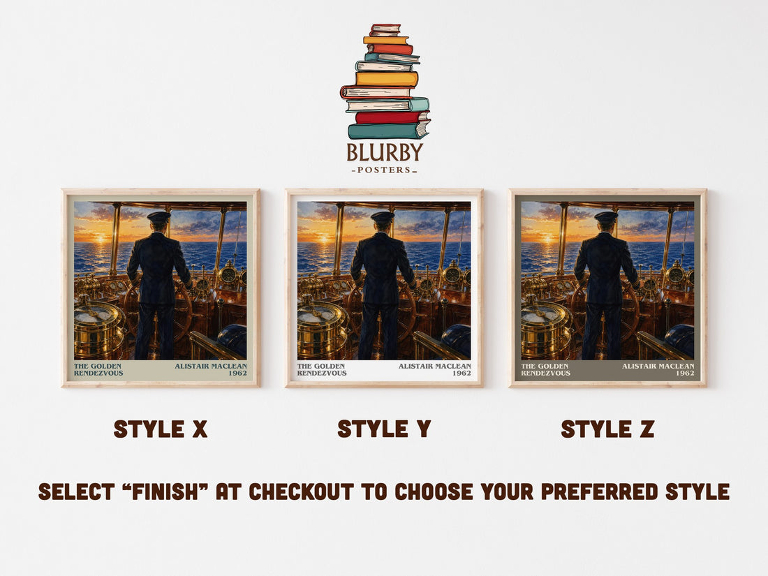The Golden Rendezvous literary print in frame leaning in hallway – thriller wall art (mockup)